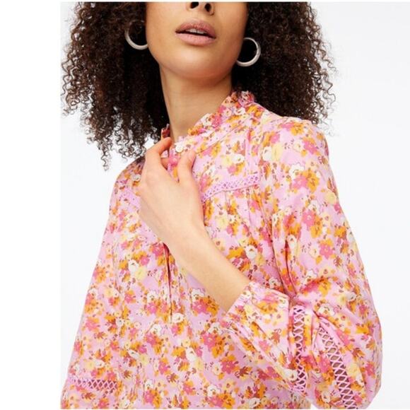 J. Crew Floral Ruffleneck Shirt Blouse Pink and Orange Size XXS - Picture 2 of 12